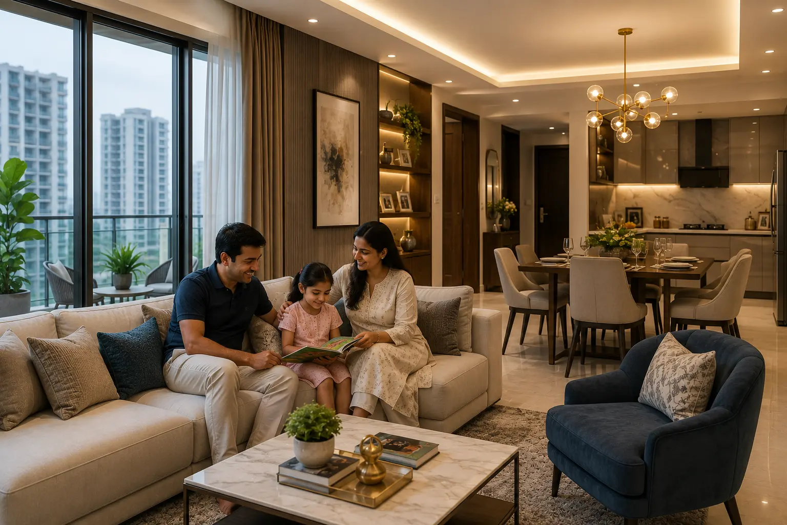 A high-end modern penthouse interior with floor-to-ceiling windows overlooking a twilight city skyline.